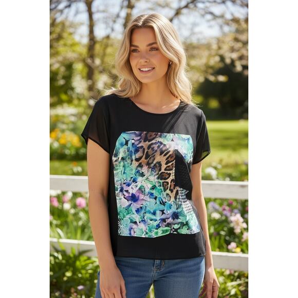 Romeo & Juliet Couture Tops - Romeo + Juliet Couture Sheer Black Graphic Blouse XS Floral Leopard Top